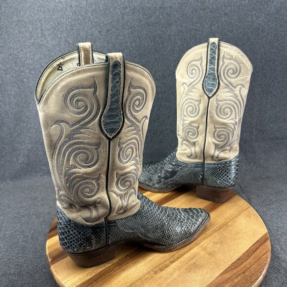 Tony Lama Boots 1466 Sz 10M Gray/Blue and Tan Snake Skin Embroidered - Picture 9 of 11